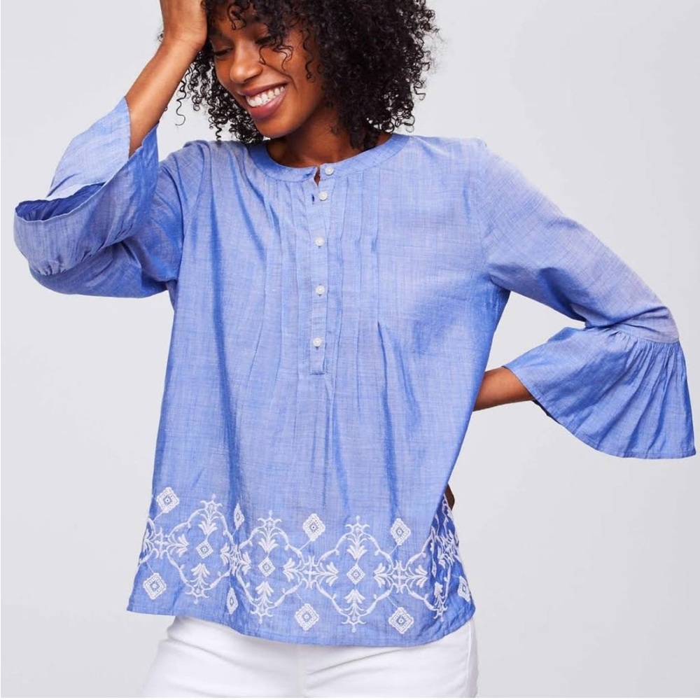 LOFT Embroidered Boho Ruffle Sleeved Top
